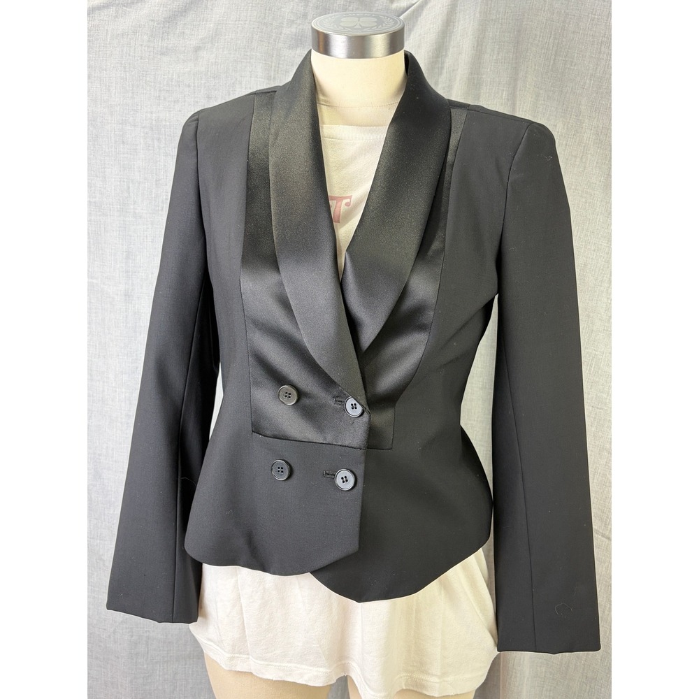 Theory Black Satin Lapel Double-Breasted Blazer